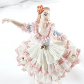 ANTIQUE DRESDEN LACE figurine with woman dancing on tip toes, 446