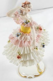 ANTIQUE DRESDEN LACE figurine with woman dancing with yellow dance shoes