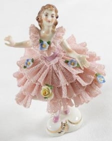 ANTIQUE DRESDEN LACE figurine with woman dancing, 1044