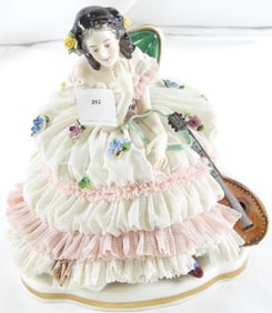 ANTIQUE DRESDEN LACE figurine with woman sitting on green chair, 14918