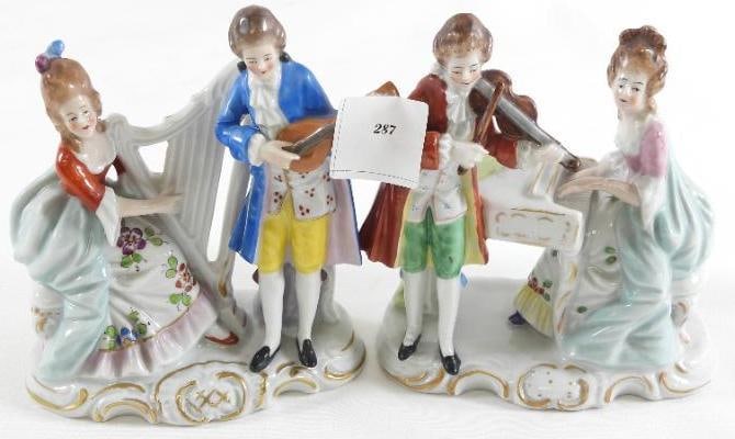 LOT OF 2 STAFFORDSHIRE figurines with men and women playing instruments: LOT OF 2 STAFFORDSHIRE figurines with men and women playing instruments, 4.5" tall and 4.25" wide each