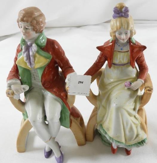 LOT OF 2 sitting woman and man porcelain figurine, made in Germany: LOT OF 2 sitting woman and man porcelain figurine, made in Germany, both 7" tall