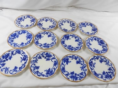 ANTIQUE LOT OF 12 CAULDON ENGLAND blue and white floral 7" plates with gold-trim