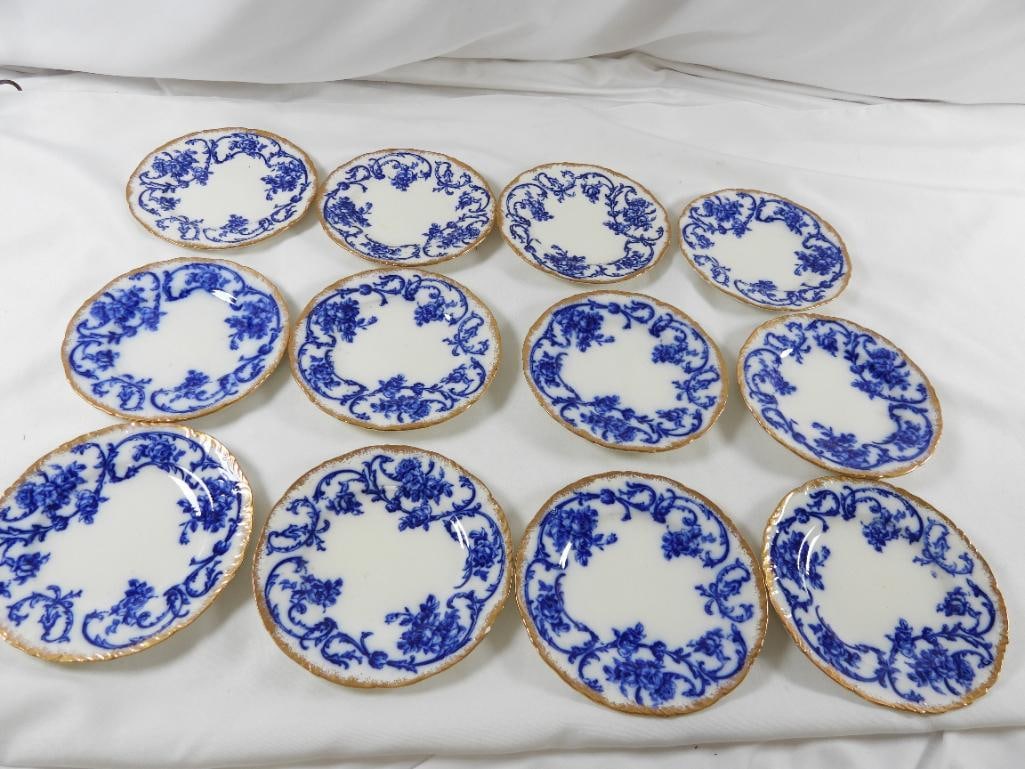 ANTIQUE LOT OF 12 CAULDON ENGLAND blue and white floral 7" plates with gold-trim: LOT OF 12 blue and white CAULDON ENGLAN floral 7" plates with gold-trim
