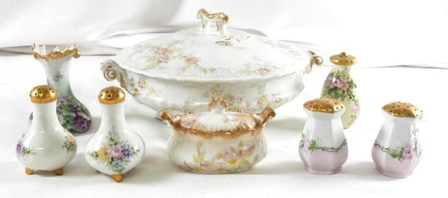 LOT OF 8 floral serving items including LIMOGES creamer/lid