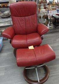 Red leather pair of Stressless lounge chairs with ottoman