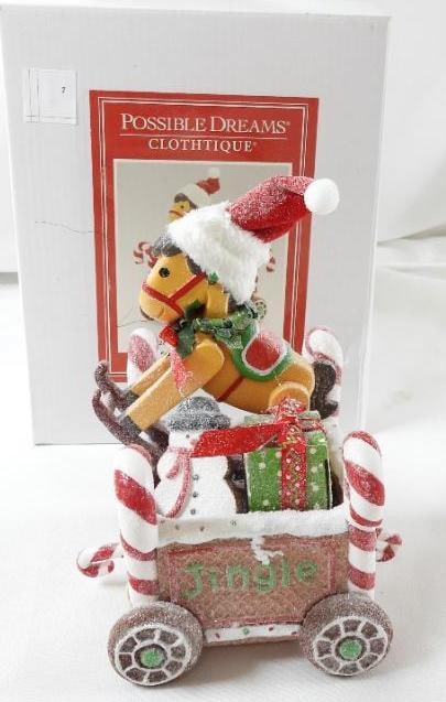 POSSIBLE DREAMS CLOTHTIQUE Rocking horse Train Car Jingle: Dept 56 POSSIBLE DREAMS CLOTHTIQUE Rocking horse Train Car called Jingle with candy canes, packages, rocking horse and snowman #6005282. New in the original white box. Never displayed. Dimensions: 7.5