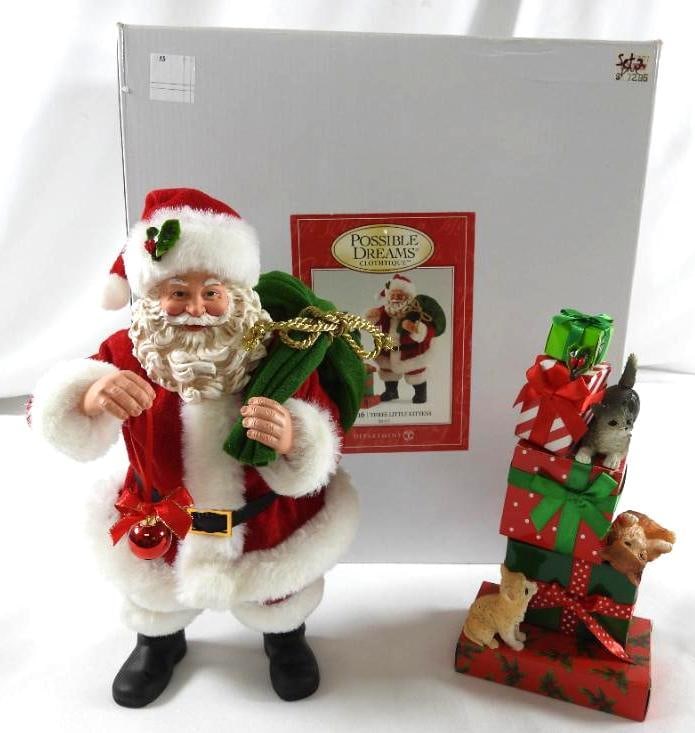 POSSIBLE DREAMS CLOTHTIQUE Three Little Kittens with santa: Dept 56 POSIBLE DREAMS CLOTHTIQUE Three Little Kittens set of 2 - Santa with his sac and a stack of presents with 3 little kittens. #4052116. New in original white box. Never displayed. 10" tall Santa