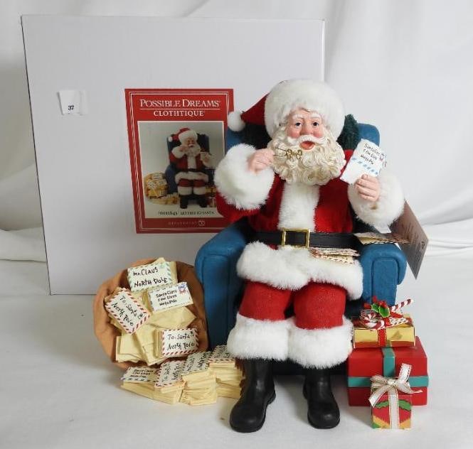 POSSIBLE DREAMS CLOTHTIQUE Letters to Santa NIB: Dept 56 POSSIBLE DREAMS CLOTHIQUE Letters to Santa (Santa sitting on blue chair with mail bag and letters, #60111843 New in the original white box. Never Displayed. Dimensions: 10"Tx10"Lx7.5"W