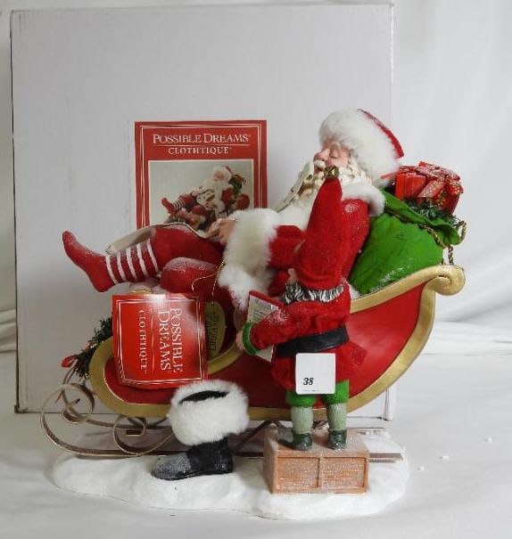 POSSIBLE DREAMS CLOTHTIQUE A Long Winter's Night Santa Sleigh: Dept 56 POSSIBLE DREAMS CLOTHTIQUE A Long Winter's Night Santa Sleeping in his sleigh holding pencil and list with Elf on side #6010218 New in the original white box. Never displayed. Dimensions: 10.5