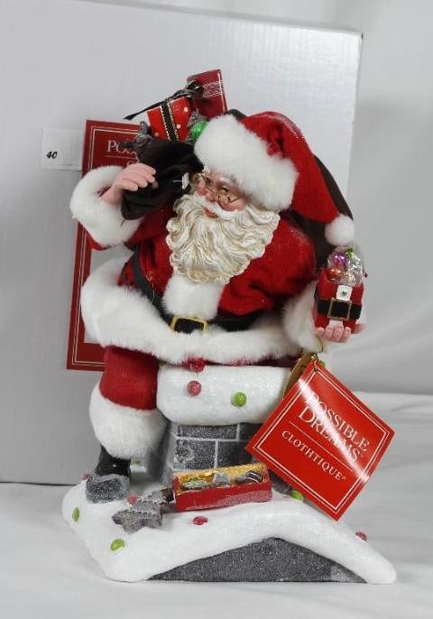 POSSIBLE DREAMS CLOTHTIQUE Sweet Home Santa NIB: Dept 56 POSSIBLE DREAMS CLOTHTIQUE Sweet Home Santa at chimney with bag of presents #6013900. New in the original white box. Never displayed. Dimensions: 10.5"Tx6"Lx6.5"W