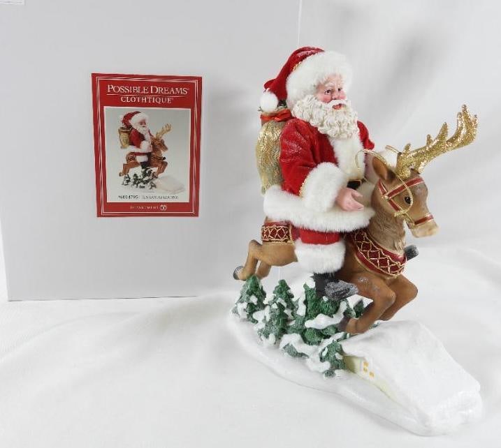 POSSIBLE DREAMS CLOTHTIQUE Ten Santas Leaping NIB: Dept 56 POSSIBLE DREAMS CLOTHTIQUE Ten Santas Leaping, Santa on reindeer with gold antlers #6014795. New in the original white box. Never displayed. Dimensions: 12"Tx10.5"Lx5"W