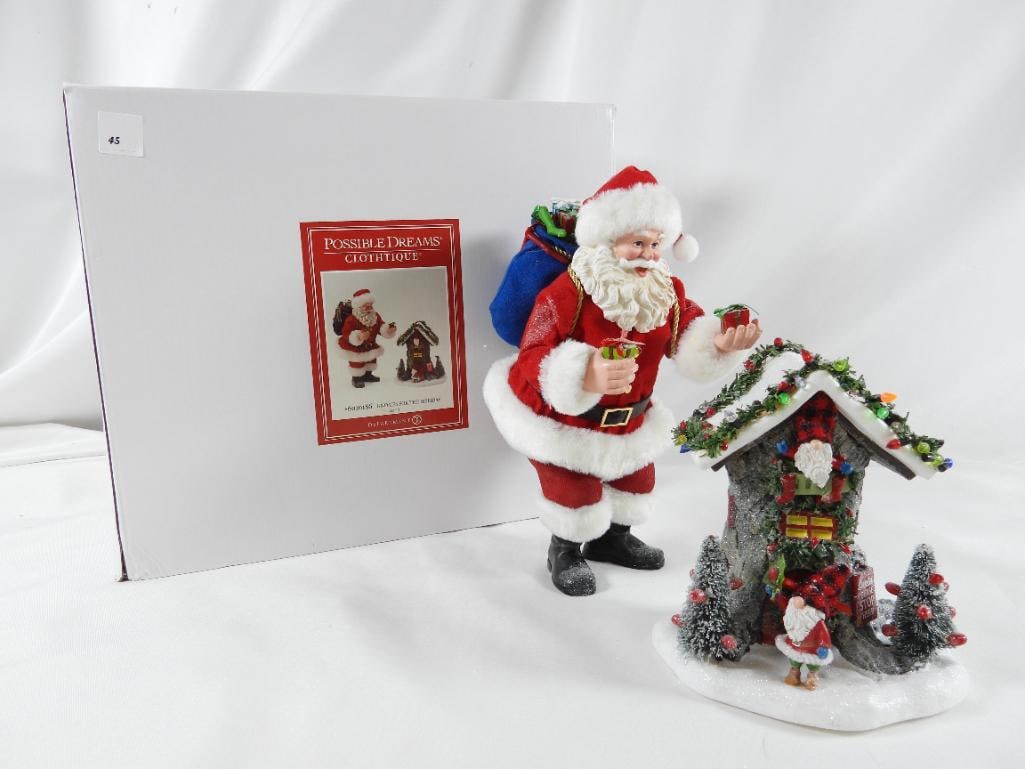 POSSIBLE DREAMS CLOTHTIQUE Gnomes For the Holiday: Dept 56 POSSIBLE DREAMS CLOTHTIQUE Gnomes For the Holiday with Santa holding presents and gnomes in a tree home. New in the original white box. Never displayed. Santa #11.5"Tx5"Lx7.5"W and gnomes at h
