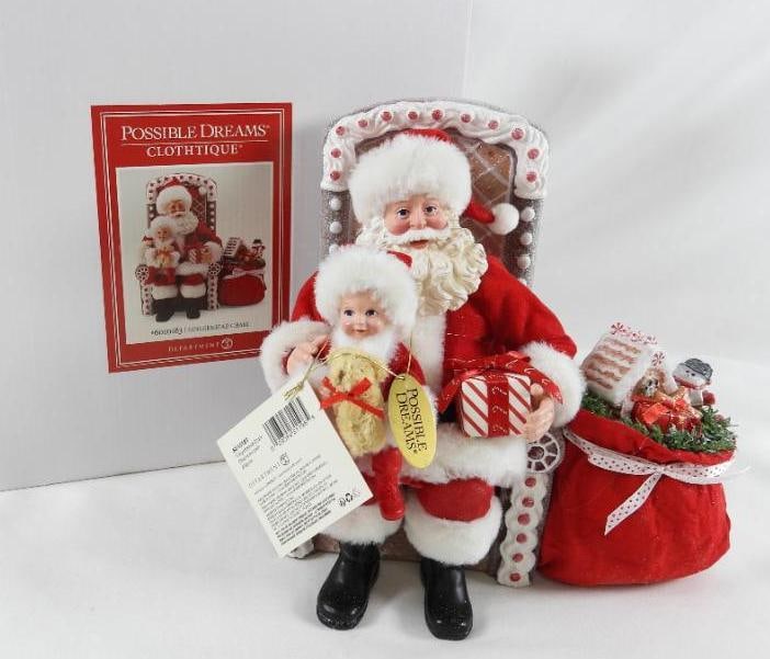POSSIBLE DREAMS CLOTHTIQUE Gingerbread Chair Santa & Child NIB: Dept 56 POSSIBLE DREAMS CLOTHTIQUE Gingerbread Chair Santa with child and dog #6010183. New in original white box. Never displayed. Dimensions: 10"Tx9"Lx6.5"W