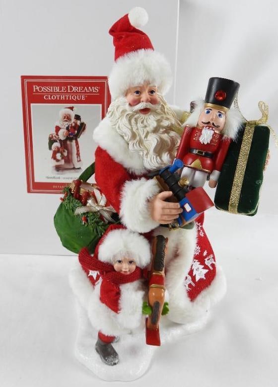 POSSIBLE DREAMS CLOTHTIQUE Loaded with Gifts NIB: Dept 56 POSSIBLE DREAMS CLOTHTIQUE Loaded with Gifts Santa with nutcracker child with rocking horse (not attached), etc. #6008216. New in original white box. Never displayed. Dimensions: 13"Tx7"Lx7"W