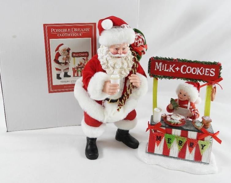 POSSIBLE DREAMS CLOTHTIQUE Merry Bake Sale Santa 2pc NIB: Dept 56 POSSIBLE DREAMS CLOTHTIQUE Merry Bake Sale Santa with Milk and Cookies stand with child #6005260. New in original white box. Never displayed. Santa 11"Tx5.5"Lx5.5"W, Stand 8"Tx6"Lx4"W