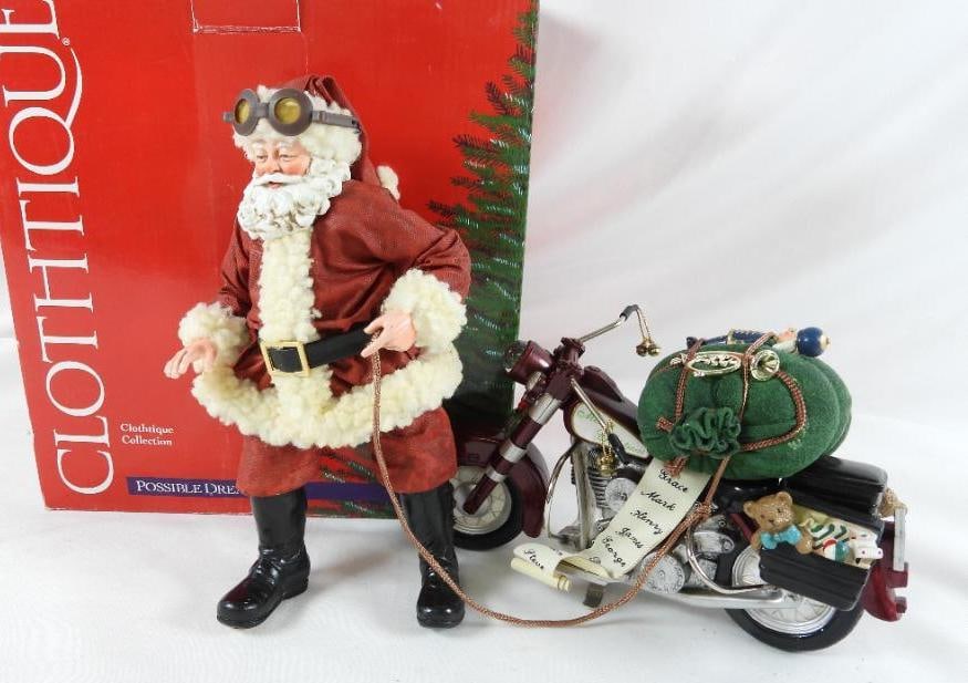 POSSIBLE DREAMS CLOTHTIQUE Packin' Presents Santa & Motorcycle: POSSIBLE DREAMS CLOTHTIQUE Packin' Presents Santa with motorcycle #713804. In original box. Santa 10.5"Tx5"Lx4"W, Motorcycle 6"Tx8.5"Lx4"W