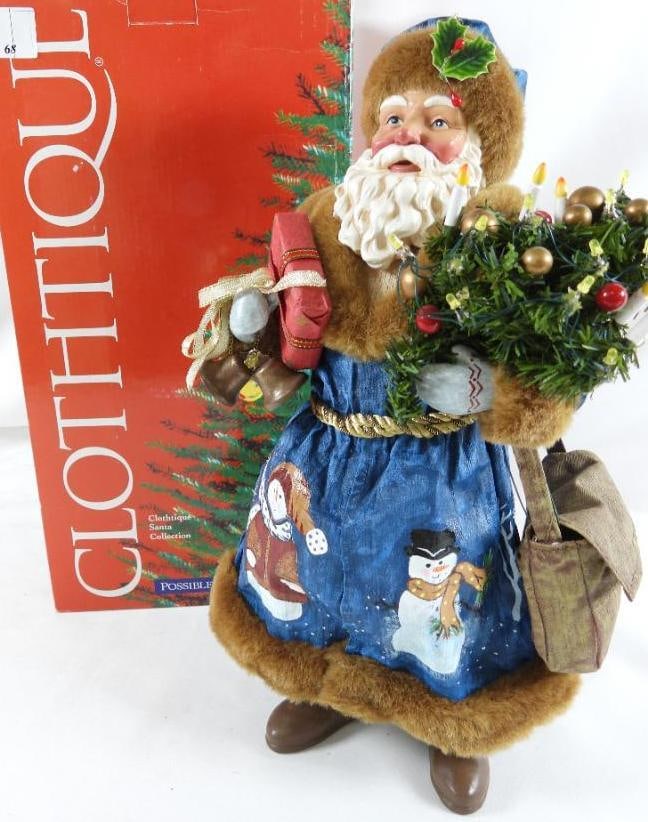 POSSIBLE DREAMS CLOTHTIQUE Evergreen Traveler Santa Blue coat: POSSIBLE DREAMS CLOTHTIQUE Evergreen Traveler Santa with blue coat with paiinted desing. Gorgeous! #713237 with original box. Dimensions: 15.5"Tx8"Lx5"W