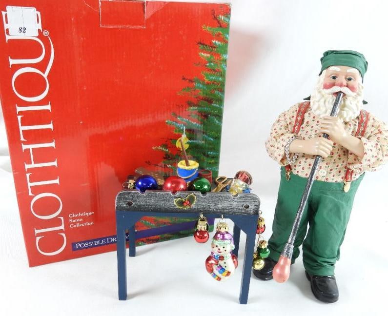 POSSIBLE DREAMS CLOTHTIQUE Glassworks Santa 2pc: POSSIBLE DREAMS CLOTHTIQUE Glassworks Santa glassblowing with table of ornaments and paint in original box #713218. Santa 11"Tx5"Lx6"W, table 6"Tx5.5"Lx3.5"W