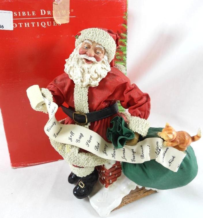 POSSIBLE DREAMS CLOTHTIQUE A Christmas Guest: POSSIBLE DREAMS CLOTHTIQUE A Christmas Guest with Santa with list and cat on bag #713112, Dimensions: 10"Tx8"Lx6"W