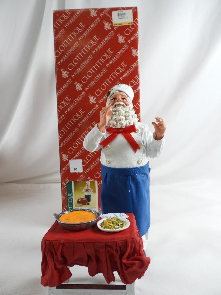 POSSIBLE DREAMS CLOTHTIQUE Tres Bon #71184 Santa French chef 2 pc.: POSSIBLE DREAMS CLOTHTIQUE Tres Bon Santa with chef hat and table with menu and food in original box. Santa 12"Tx4"Lx3.5"W and table 4"Tx4"Lx2.5"W