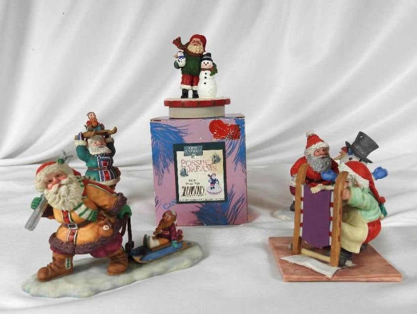 LOT OF 5 POSSIBLE DREAMS, 4 DAVID WENZEL SANTAs: LOT OF 5 POSSIBLE DREAMS: Santa Painting Sled 1995, 4"Tx4"Lx3.5", Santa Pulling Sledding Elf 1995, 5"Tx6.5"Lx3"W, Santa & Snowman 1995, 4.5"Tx5.5"Lx3"W, Santa carrying elf on sled 1995, 6"Tx5"Lx3"W, #