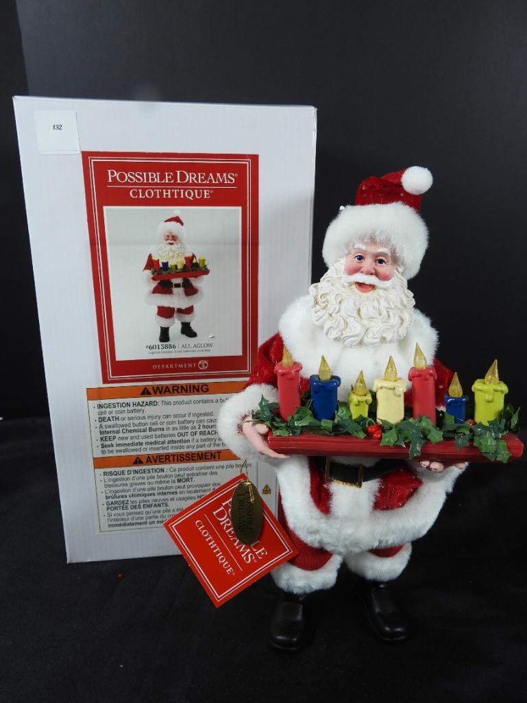 POSSIBLE DREAMS CLOTHTIQUE All Aglow #6013886: Dept 56 POSSIBLE DREAMS CLOTHTIQUE All Aglow #6013886, Lighted candles. 3 cell batteries included. New in original white box. Dimensions: 12"Tx6"Lx5"W