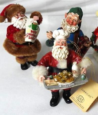 LOT OF 6 POSSIBLE DREAMS/KURT ADLER ornaments: LOT OF 6 POSSIBLE DREAMS: Santa, Santa with lantern/wreath, CLOTHTIQUE Elf with blanket, CLOTHTIQUE Santa with two snowmen, Hot Chocolate Season Santa, KURT ADLER Santa with tray, ranging in 5.5" to 7