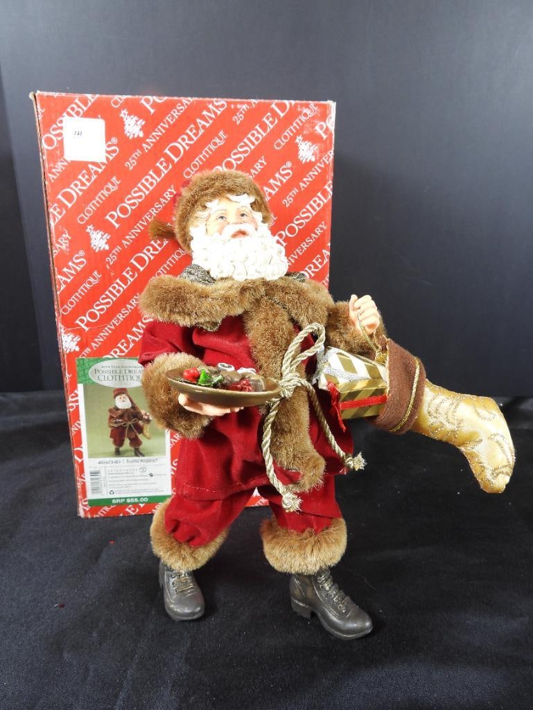 POSSIBLE DREAMS CLOTHTIQUE Truffle Anyone? Santa: Dept 56 POSSIBLE DREAMS CLOTHTIQUE 25th Year Anniversary Truffle Anyone" #4016724D Santa holding stocking with presents and plate of treats. In original box. Dimensions; 11"x6"Lz6"W