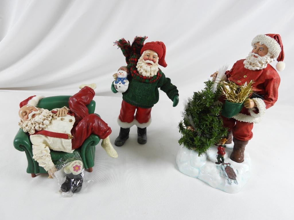 LOT OF 3 POSSIBLE DREAMS Santas, 2 CLOTHTIQUE: LOT OF 3 POSSIBLE DREAMS Santas: "Catching Some 'Z's" Santa on chair with shoes at side, 6.5"Tx7.5"Lx6"W and 2"T boots, CLOTHTIQUE Santa with tree that lights up (Batteries not included, 12"Tx6.5"Lx6.