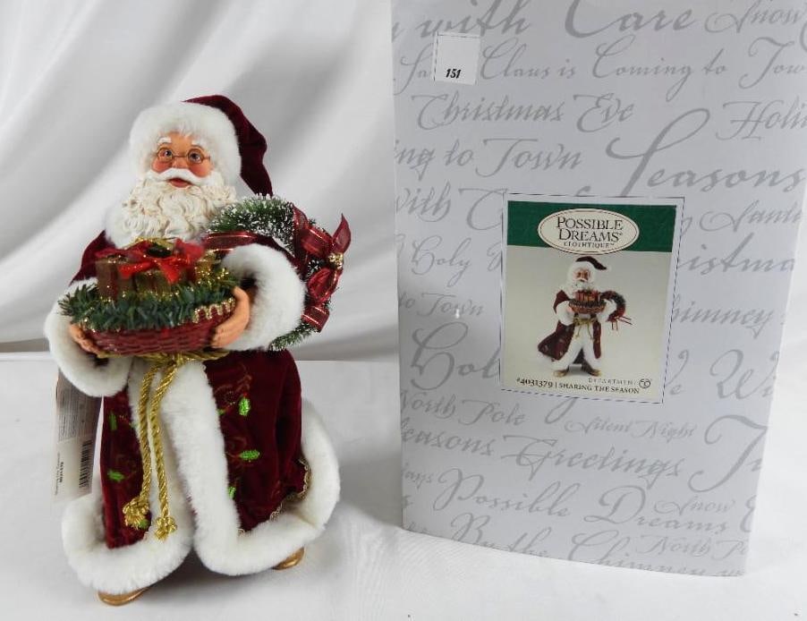 POSSIBLE DREAMS CLOTHTIQUE Sharing the Season: Dept 56 POSSIBLE DREAMS CLOTHTIQUE Sharing the Season Santa #4031379 holding wreath and basket of presents. New in original white box. Never displayed. Dimensions: 12"Tx6"Lx6"W
