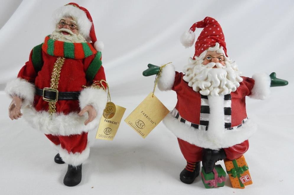 LOT OF 2 KSA KURT ADLER FABRICHE Santas: LOT OF 2 KSA KURT ADLER FABRICHE Santa with polka dot hat 10.5"Tx7.5"Lx4"W, Santa with gold trim hat and coat, 11"Tx5"Lx5"W