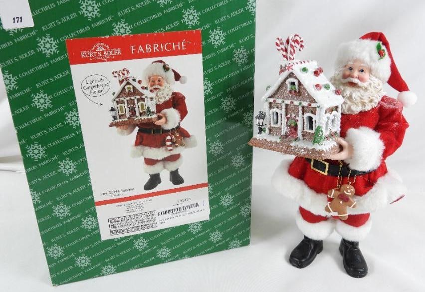 KSA FABRICHE KURT ADLER Light Up Gingerbread?: KSA FABRICHE KURT ADLER Santa with Light-up Gingerbread house (3LR44 batteries included - tested and works). FA0170. In original box. Dimensions: 11"Tx5.5"Lx5"W