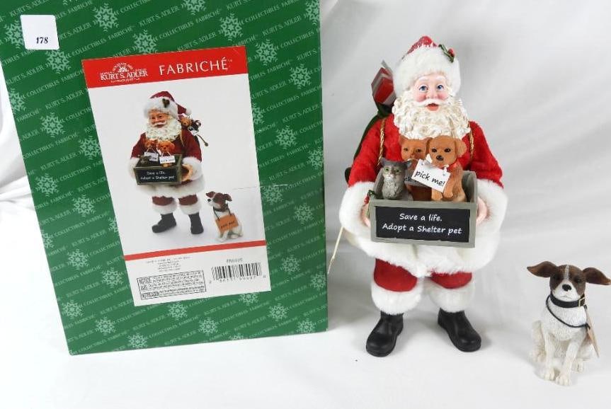 KSA FABRICHE KURT ADLER Santa with adoption dogs: KSA FABRICHE KURT ADLER FA0109 Santa holding tray of pets to adopt, 11.5"Tx5"Lx8"W and dog wearing pick me! sign, 4"Tx2"Lx2.5"W. In original box.