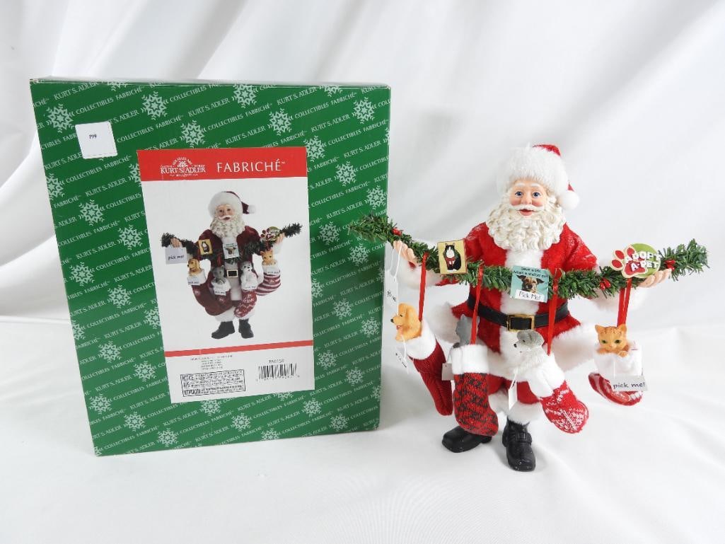 KSA FABRICHE KURT ADLER Adoption Santa FA0150: KSA FABRICHE KURT ADLER Santa FA0150 with pets in stockings to adopt, in original green box, 12"Tx10"Lx5"W