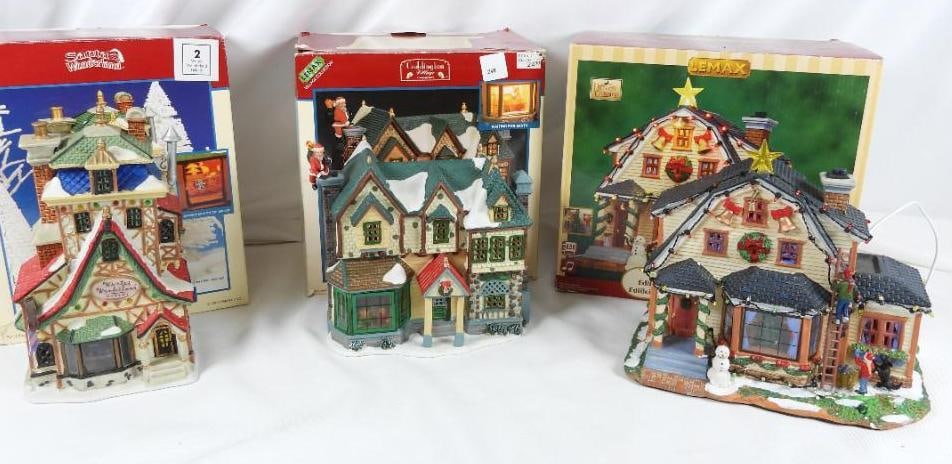 LOT OF 3 LEMAX VILLAGE COLLECTION Residence/Retail: LOT OF 3 LEMAX VILLAGE COLLECTION Porcelain Lighted House Waiting for Santa, #05503, 8"Lx4.5"Wx7.5"T Decorating the House #15247, 9.5"Lx5.5"Wx8"T Winter Wonderland Bakery, #25663A, 5"Lx4"Wx9"T