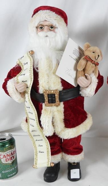 LOT OF 2 SANTAS, one Valerie: LOT OF 2 SANTAS, one VALERIE holding teddy bear and list, 10"Lx5"Wx19"T and Santa holding sack and books, 9"Lx9.5"Wx19"T