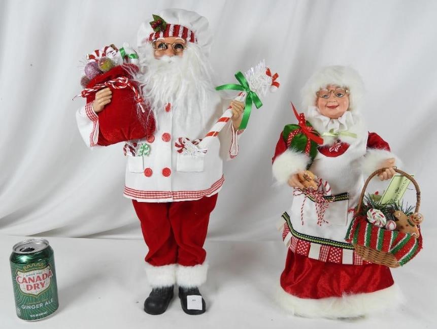 LOT OF 2: Regal Santa and Mrs. Claus: LOT OF 2: Regal Santa with sack and candy cane 12"Lx6"Wx20"T and Mrs. Claus with basket and present, 9"Lx6"Wx17"T