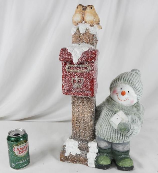 NATIONAL TREE: Snowman at mailbox in original box: NATIONAL TREE: Snowman at mailbox: Red mailbox, mailbox on post with two birds, with flocking, in original box, 9.5"Lx5"Wx20"T