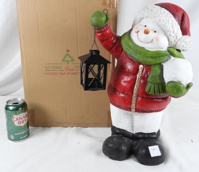 NATIONAL TREE: Snowman holding lantern in box: NATIONAL TREE: Snowman holding lantern and snowball in original box, in winter clothes and Santa hat, heavy resin 6.5"Lx6"Wx15.5"T