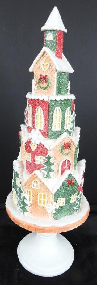 16" Gingerbread Village Tower on Stand by VALERIE: 16" Gingerbread Village Tower on Stand by VALERIE, glitter accents, in styrofoam support for storage, 5"W at widest part, 16" tall