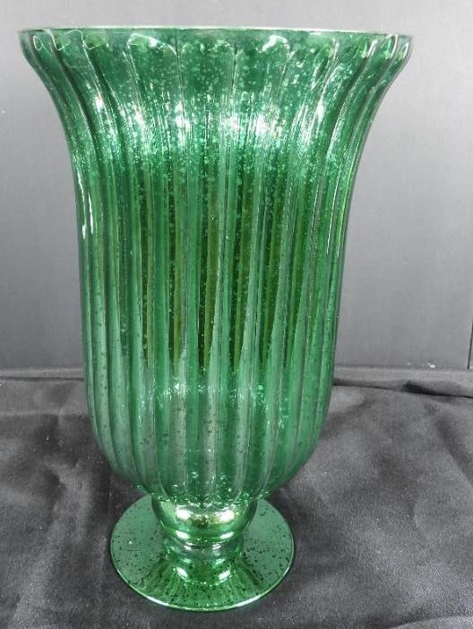 LIGHTED Fluted MERCURY GLASS Hurricane by VALERIE: 12" ILLUMINATED Fluted green MERCURY GLASS Hurricane by VALERIE, 2C batteries in cell box sits inside to light (not included/tested), 7.5"wide at opening at top, 12" tall