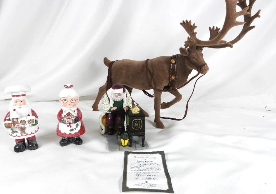 LOT OF 3 including VALERIE reindeer: LOT OF 3 including VALERIE reindeer, Mr. and Mrs. clause, Hamilton collection Thomas Kinkaid St. Nick warms up: Reindeer: 12.5"Lx3.5"Wx10"T; Mr. and Mrs. clause: 2"Lx3"Wx6"T; St. Nick warms up: 5.5"Lx