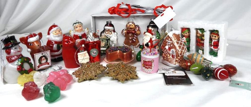 LOT OF 33 ORNAMENTS: incl MR. CHRISTMAS: LOT OF 33 Ornaments: 6 MR. CHRISTMAS (including 5 gift bags), 3 MERRY MOMENTS ornaments in original box, Christmas light, cardinal, gold star confetti frosting, elves and more ornaments, all ranging i