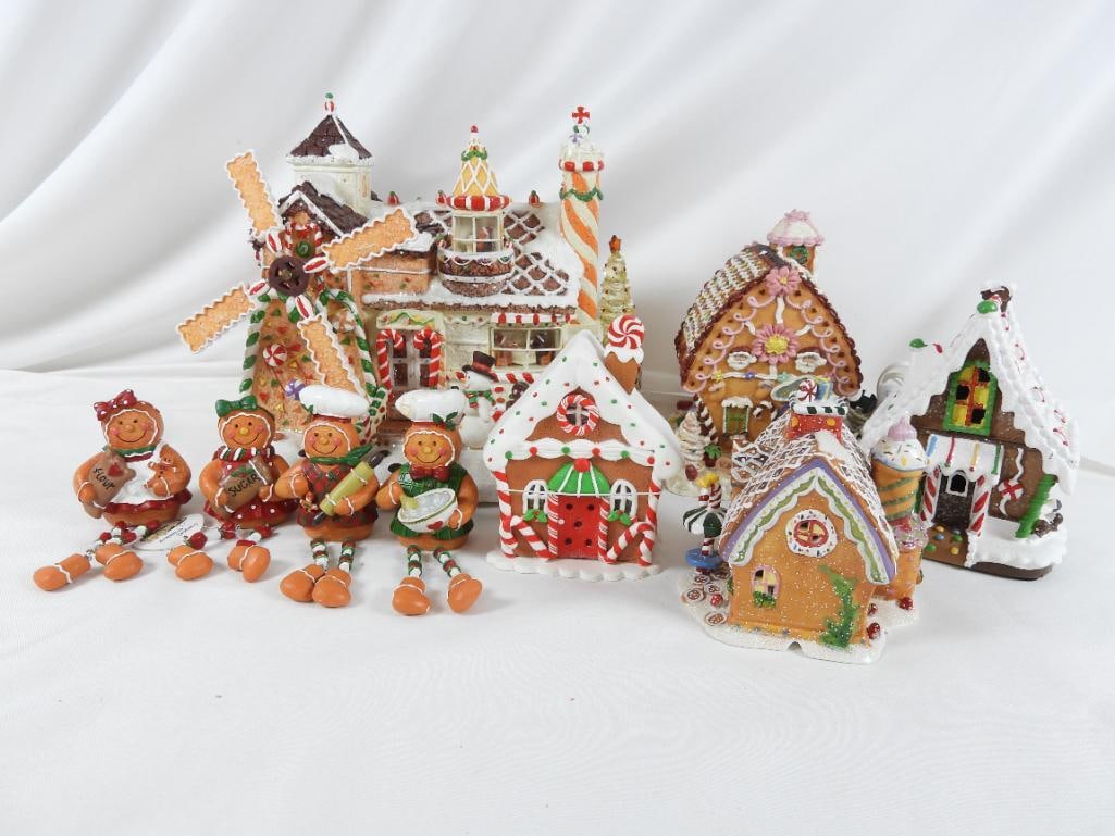 LOT OF 9 Gingerbread, and COLLECTIONS, etc. dolls: LOT OF 9 Gingerbread: 4 COLLECTIONS, Etc. 5.5"T Chef Gingerbread sitting dolls all holding baking items (styrofoam support for storage), Gingerbread house with windmill (takes 2 AA batteries not teste