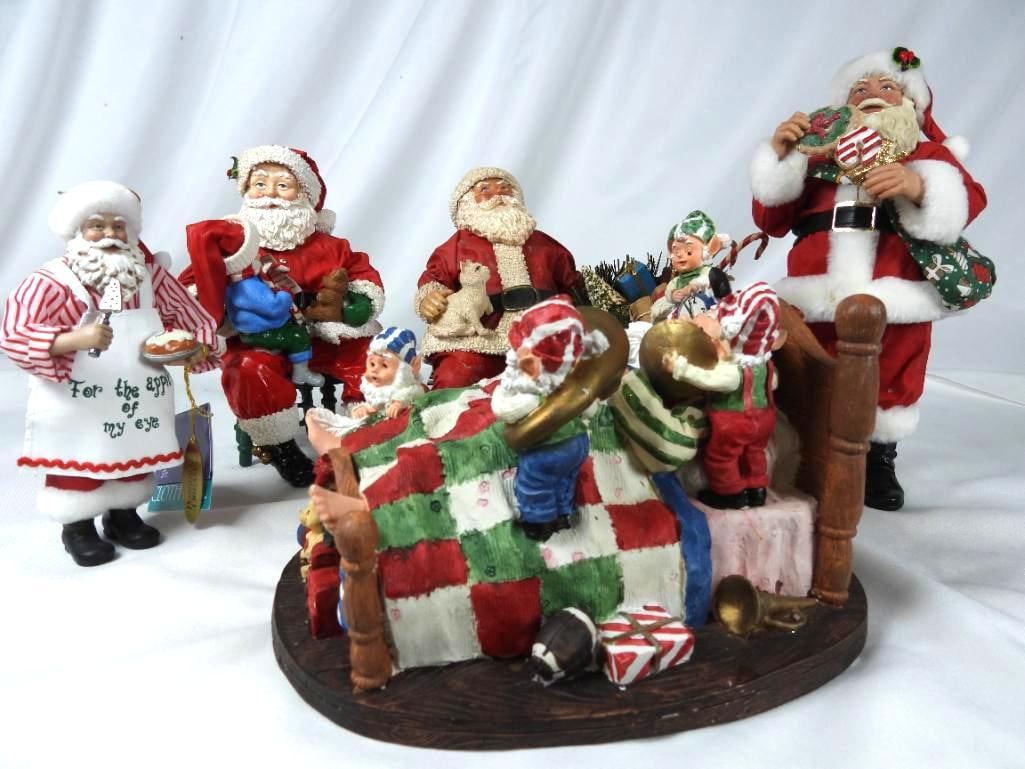 LOT OF 5 POSSIBLE DREAMS CLOTHTIQUE, etc.: LOT OF 5: POSSIBLE DREAMS Apple of My Eye Santa Ornament #715105, FABRICHE Santa Eating Cookie with candy cane, 4.5"Lx4"Wx10"T, CLOTHTIQUE Santa sitting on bench with cat, 7.5"Lx5.5"Wx8"T, MIDWEST of