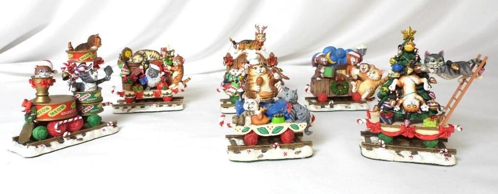 LOT OF 6 DANBURY MINT cat ornaments: LOT OF 6 DANBURY MINT cat ornaments: The Christmas Cat Express 3.75"Lx1.75"Wx4.5"T, Cat on train car, 3"Lx1.5"Wx3.5"T, Cats on tree on train track, 3.5"Lx1.5"Wx5"T, Danbury with fireplace, 4.5"Lx1.5"W