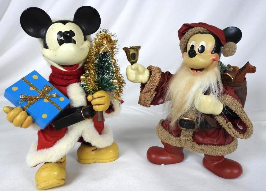 LOT OF 2 MICKEY FABRIC MACHE, 1 in original box: LOT OF 2 MICKEY FABRIC MACHE, 1 in original box: Mickey with blue present and tree 6"Lx3.5"Wx8.5"T and Santa MIDWEST of CANNON Falls Mickey in original box, 6"Lx4"Wx8"T