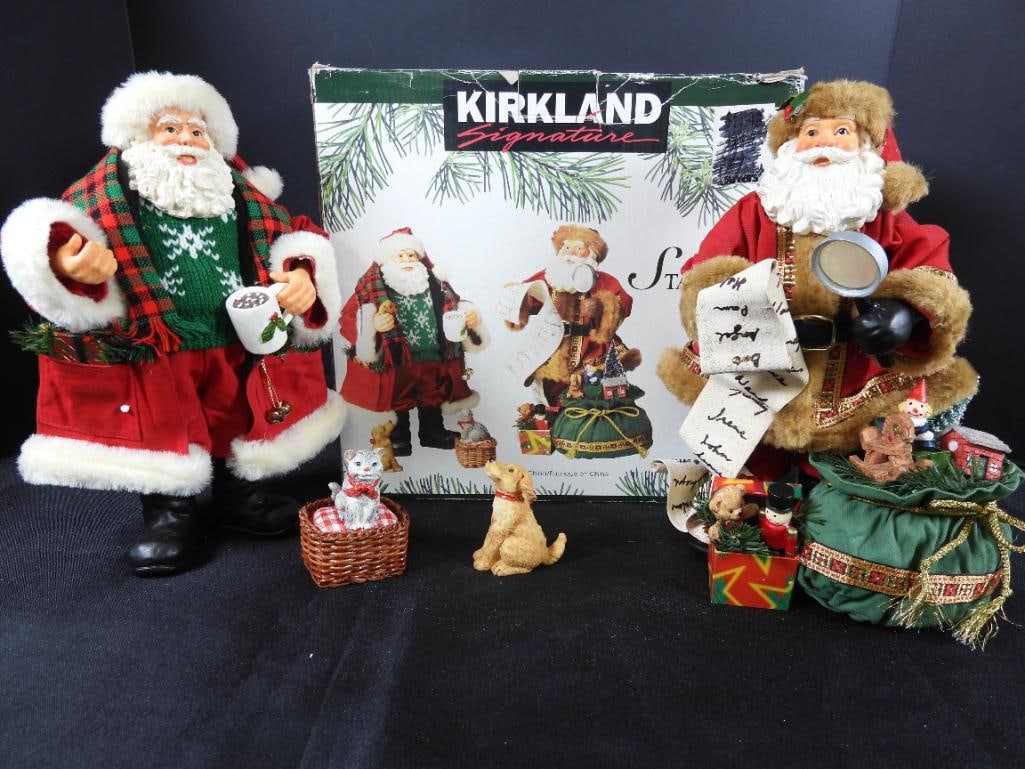 KIRKLAND FABRIC MACHE Standing Santas in box 11457: KIRKLAND FABRIC MACHE Standing Santas in box, Item #11457, Santa with cookie/mug 6.5"Lx5"Wx11"T, cat in basket, 2"Lx2"Wx3"T, and dog 1"Lx2"Wx3"T, and Santa with sack of toys and magnifying glass, 7"Lx