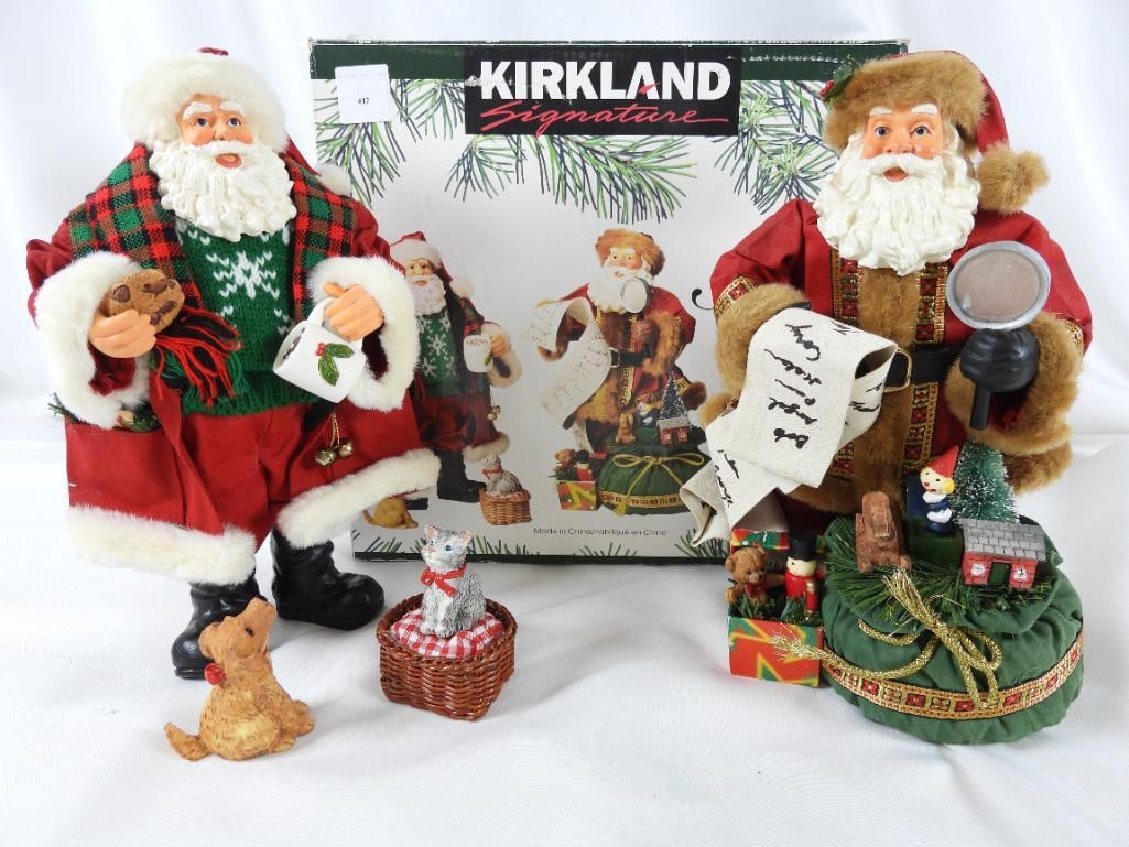 KIRKLAND FABRIC MACHE Standing Santas in box 11457: KIRKLAND FABRIC MACHE Standing Santas in box, Item #11457, Santa with cookie/mug 6.5"Lx5"Wx11"T, cat in basket, 2"Lx2"Wx3"T, and dog 1"Lx2"Wx3"T, and Santa with sack of toys and magnifying glass, 7"Lx
